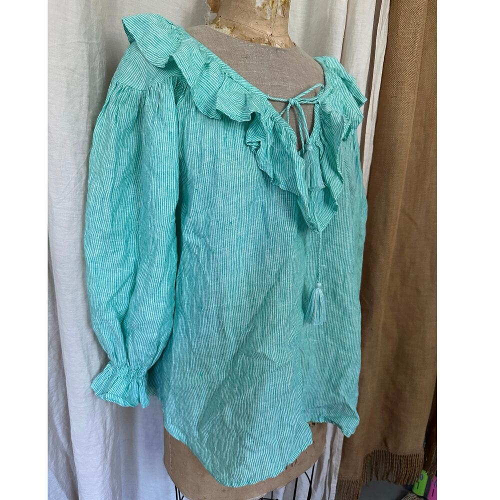 MILLE 100% Linen Ruffle blouse green  Romantic Feminine Striped Boho XL cottage